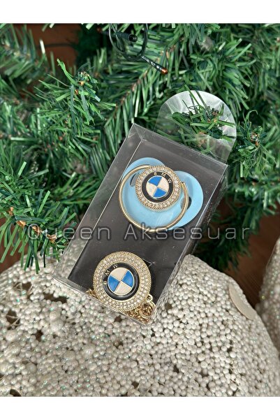 QUEEN AKSESUAR Lüks tasarım BMW marka logo mavi unisex bebek kristal taşlı emzik zincirli askı hediye seti