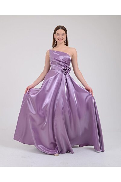NURANS Kadın Lavanta Yırtmaçlı Parlak Saten Uzun Abiye & Mezuniyet Elbise Özel Davetler