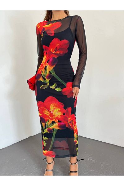 Senem Karadağ Women's Patterned Tulle Dress with Removable Underlining