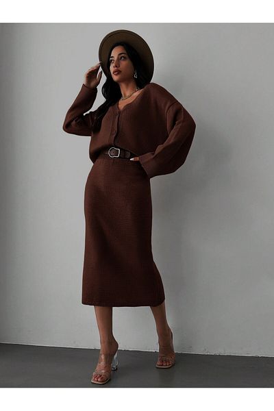 Shineofb Women's Stylish Daily Knitwear Set with Jacket and Skirt