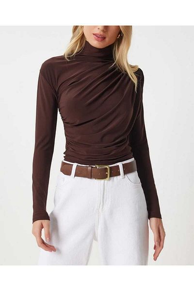 mor butik ΜΩΒ ΜΠΟΥΤΙ Γυναικεία καφέ Shiring Λεπτομερής όρθιος γιακάς Sandy Μπλούζα EGE01001