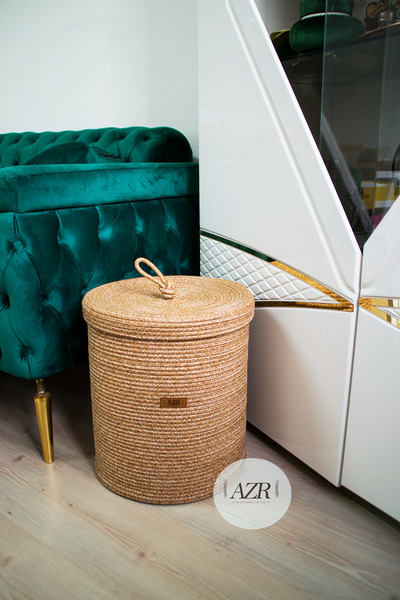 AZR HOME DESİGN Jüt Hasır 35 X 40 Kapaklı Çamaşır Sepeti Oyuncak Sepeti Banyo