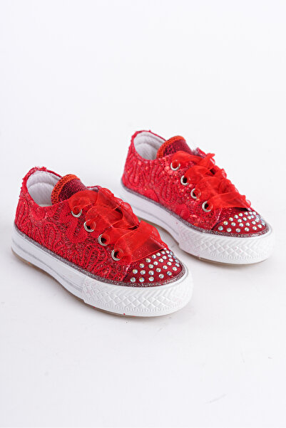 KATEYLER Yeni Sezon Taşlı Bağcıklı Kırmızı Kız Çocuk Ayakkabı, Kız Çocuk Ortopedik Günlük Ayakkabı