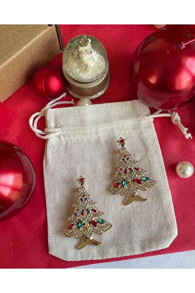 karışık kaset Gold Renkli Çam Ağacı Yılbaşı Broş (5 CM- 1 ADET)