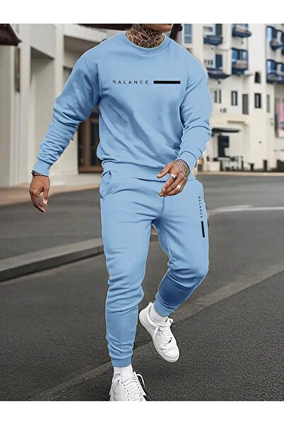 MARECASH Erkek Bebe Mavi Balance Yazlılı Kışlık Oversize Eşofman Takım