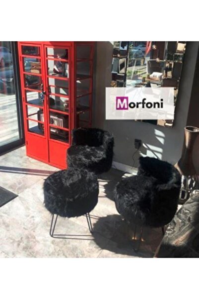 Morfoni Peluş Puf 3'lü Set Siyah Renk Peluş Kumaş - Siyah Renk 4 Ayak Mrf-7641