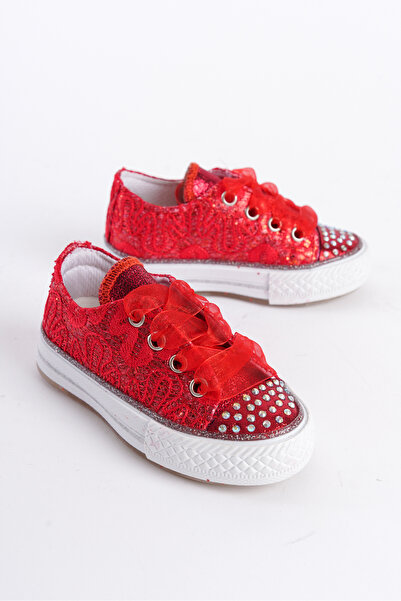 KATEYLER Yeni Sezon Taşlı Bağcıklı Kırmızı Kız Çocuk Ayakkabı, Kız Çocuk Ortopedik Günlük Ayakkabı