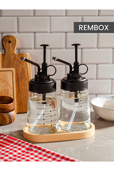 Rembox Ahşap Standlı 2'li Sprey Yağ ve Sirke Şişesi 350 ml Zeytinyağ Sıvıyağ ...