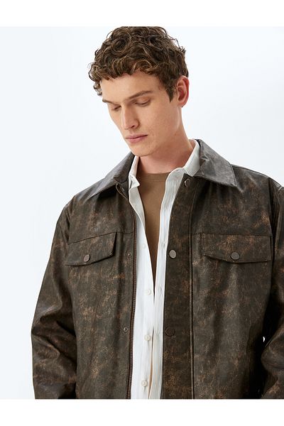 Koton Faux Leather Jacket - Shirt Collar, Flap Pocket, Snap Button