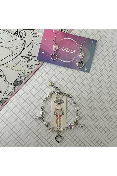 Capella Kalpli incili charmlı Fairycore /anime bileklik ve küpe seti
