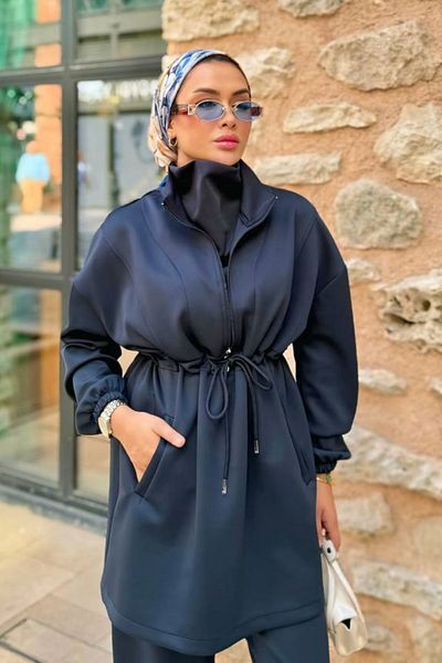 bayansepeti Stretchy Scuba Fabric Long Sleeve Sweatshirt and High Waist Tracksuit Bottom Top Navy Blue Hijab Suit 1024