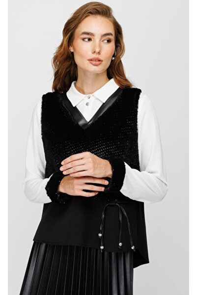 Esswaap Black Suede 3 Piece Set - Fur Detailed Tunic and Skirt