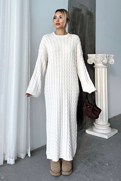 bacc Χειμερινό πλεκτό φόρεμα μίντι χρώματος πέτρας - Πλεκτό λαιμό και πλεκτά μαλλιά Bcvl-t24elb1