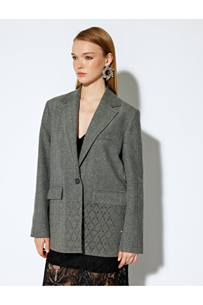 Koton X Melis Ağazat - Double Breasted Stone Oversize Blazer Jacket with Pockets