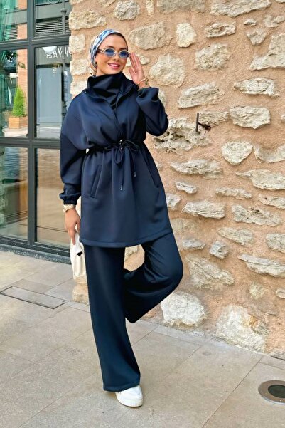 bayansepeti Stretchy Scuba Fabric Long Sleeve Sweatshirt and High Waist Tracksuit Bottom Top Navy Blue Hijab Suit 1024
