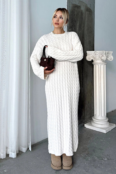 bacc Χειμερινό πλεκτό φόρεμα μίντι χρώματος πέτρας - Πλεκτό λαιμό και πλεκτά μαλλιά Bcvl-t24elb1