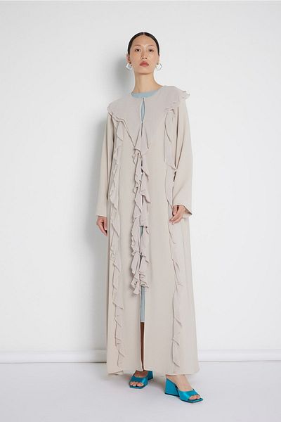 Nuum Design Nude Colored Flounce Stripe Detailed Abaya