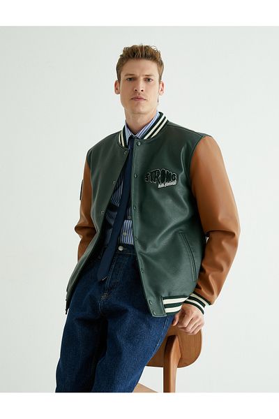 Koton College Jacket Δερμάτινο γιακά Bomber Κεντημένη τσέπη με κουμπιά