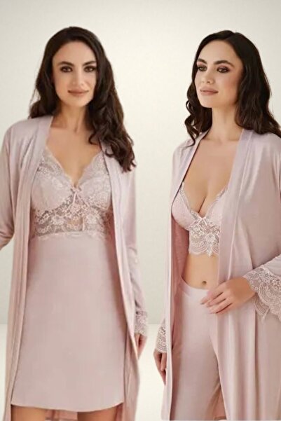 PRENDRE KADIN PİJAMA TAKIMI GECELİK SABAHLIK KİMONO 4 'LÜ ÇEYİZ SETİ