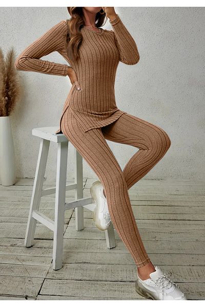 Little Visqon Women's V-Neck Blouse and Tights - Split Detail, Raised Two-Piece Set, Brown