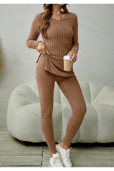 Little Visqon Women's V-Neck Blouse and Tights - Split Detail, Raised Two-Piece Set, Brown