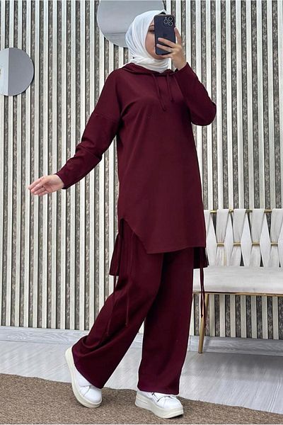 TRENDTESETTÜR Set pantaloni de damă cu glugă roșu Claret - T 7865