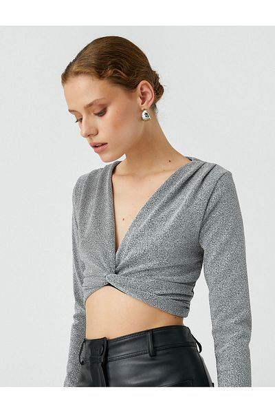 Koton Crop-Bluse mit V-Ausschnitt und gerafften langen Ärmeln