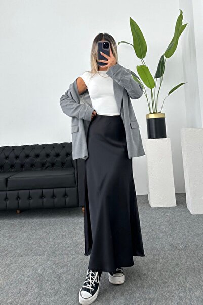 LACASE Black Satin Fabric Elastic Long Skirt with Zippered Waist 95 cm