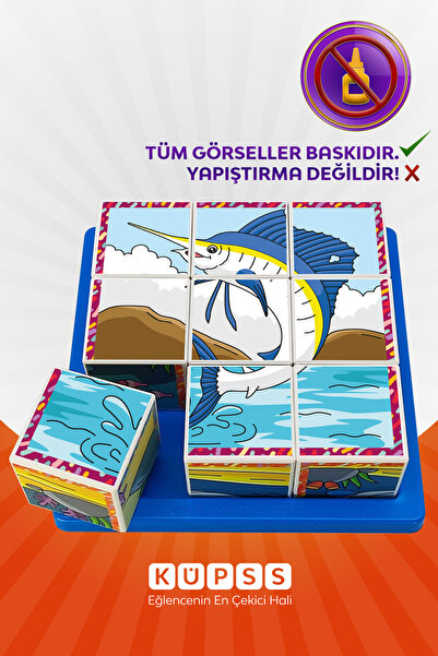 KÜPSS 6 Farklı Deniz Hayvanları 3d Küp Puzzle - Geometrik Zeka - 3 4 5 6 Yaş Eğitici Oyuncak