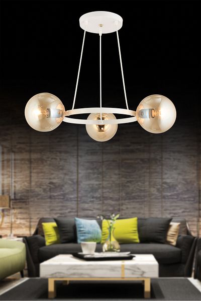 SONSUZ AYDINLATMA&AVİZE Infinite Chrome 3-Piece Ring Honey Globe Glass Modern Chandelier