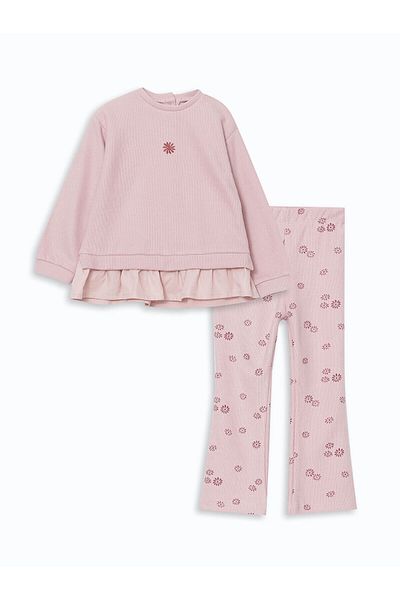 LC Waikiki Lcw Crew Neck Long Sleeve Embroidered Baby Girl Sweatshirt and Leggings 2 Pieces Set