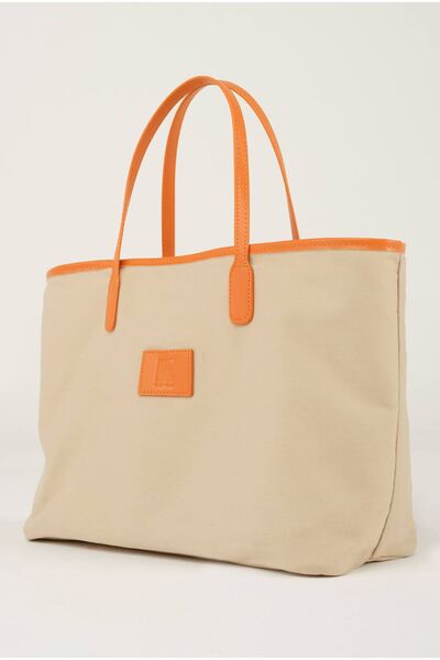 HEQA Deri Detaylı Kanvas Çanta Koyu Bej-Turuncu