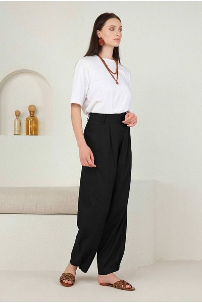 HEQA Pantaloni negri din in - picior plisat