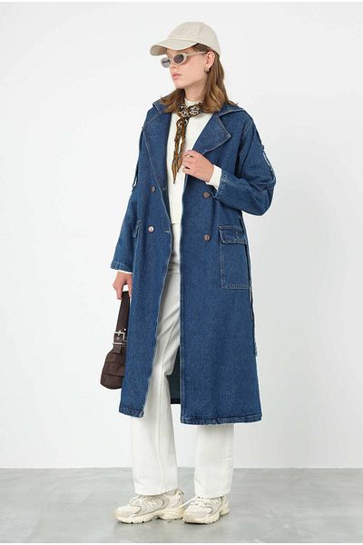 HEQA Denim Trench Coat Long Blue