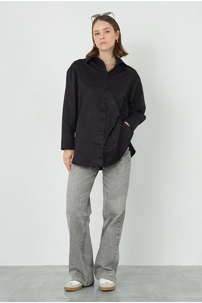 HEQA Black Poplin Short Shirt