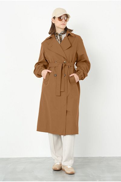 HEQA Elastic Sleeve Trench Coat Tan