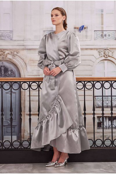 HEQA Light GrAy Frilly TAffetA Kaftan