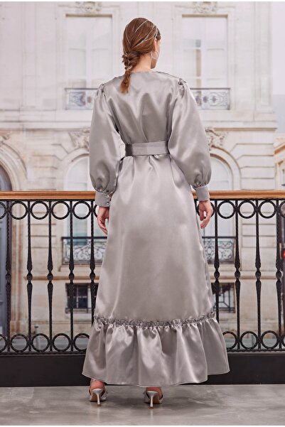 HEQA Fırfırlı Tafta Kaftan Açık Gri