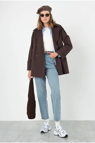 HEQA Short Double-Breasted Trench Coat Bitter Brown
