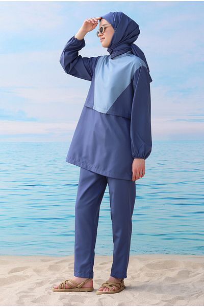 HEQA Denim Blue Garnished Swimming Suit