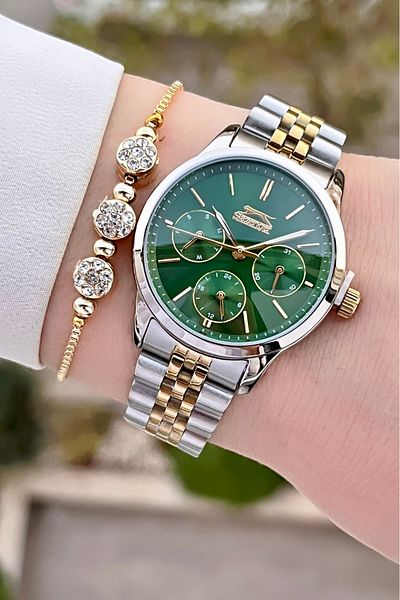 Slazenger Dial Green Korodnu Gold Metallic Color Women's Wrist Watch and Bracelet