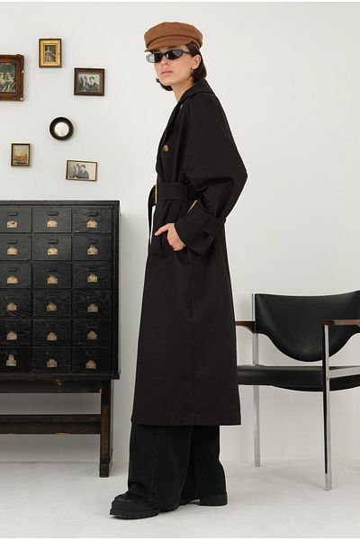 HEQA Trench Coat with Belt Buckle Black