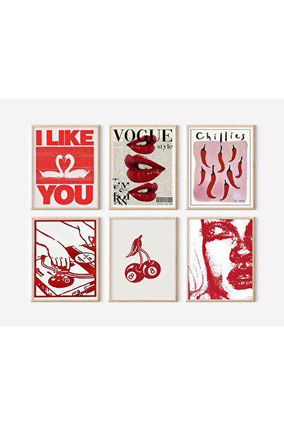 cancanvas 6'lı Estetik Kırmızı Poster Seti – 20x25 cm Dekoratif Fotoğraf Post...