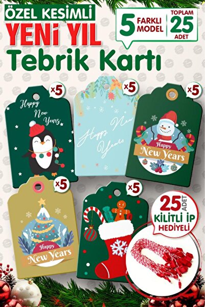 t tuğset etiket Yılbaşı Hediye Paketi Etiketi 25 Adet 7x4,5 Cm  , 25 Adet Kil...