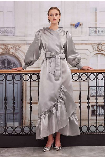 HEQA Light GrAy Frilly TAffetA Kaftan