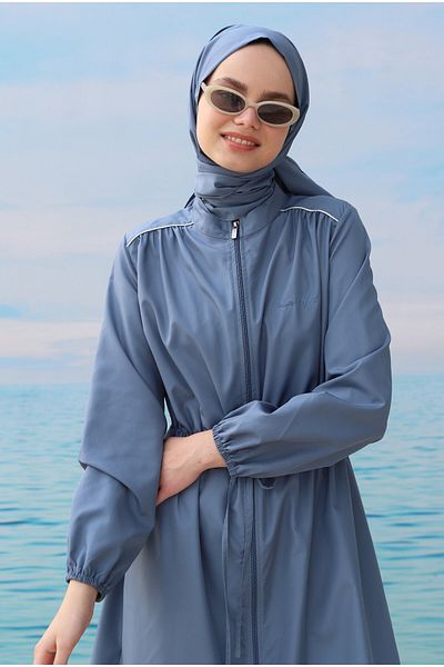 HEQA Blue Shoulder Gathered Swimming Suit