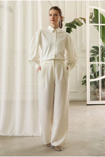 HEQA Pantaloni modal cu dungi late - Culoare os