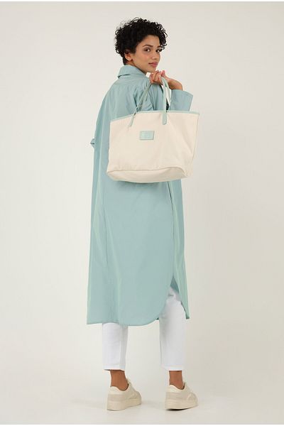 HEQA Leather Detailed Canvas Bag Light Beige-mint