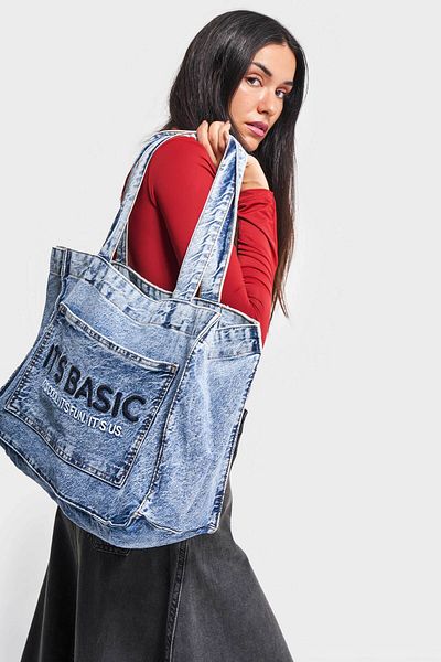its basic Model S3w427 - Geantă din denim brodat albastru închis cu burduf și buzunare