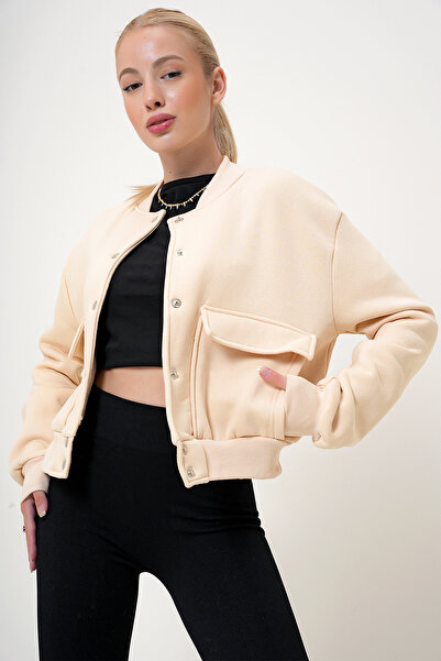 VAGGON Γυναικείο μπεζ κούμπωμα με διπλή τσέπη εσωτερικά ράστερ Crop Jacket PRM1049
